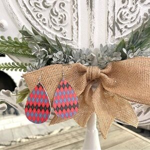 Halloween Fall Faux Leather Teardrop Dangle Earrings Plaid